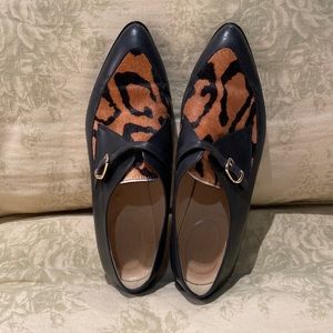 J. Crew black leather and leopard shoes